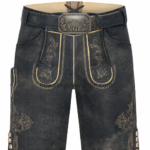 NGL Black embroidered lederhosen with tan motifs, cream piping, and branded buckle