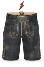 NGL Black embroidered lederhosen with tan motifs, cream piping, and branded buckle