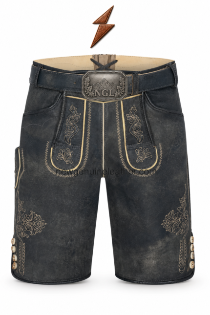 NGL Black embroidered lederhosen with tan motifs, cream piping, and branded buckle