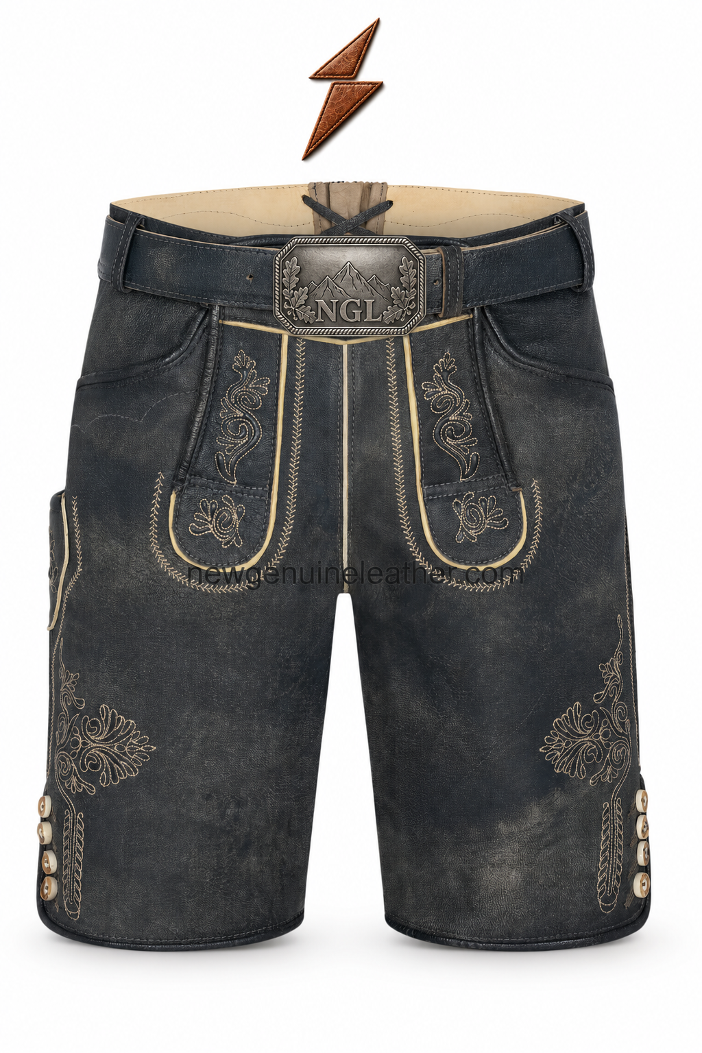 ngl-black-embroidered-lederhosen-front NGL Black embroidered lederhosen with tan motifs, cream piping, and branded buckle