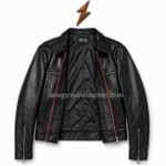 NEW GENUINE LEATHER mens black leather jacket specification image with pocket and zipper details