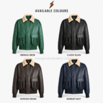 NGL New Genuine Leather bomber leather jacket back view with emerald panels and ribbed waistband
