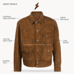 NGL field jacket in distressed brown suede with three flap pockets and dark metal buttons