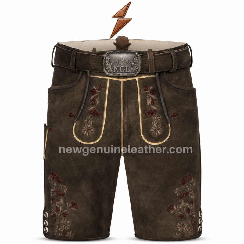 NGL Oktoberfest Lederhosen for Men side view with floral embroidery and buttons