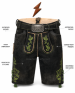 NGL cow split lederhosen featuring navy and pale-blue embroidered panels