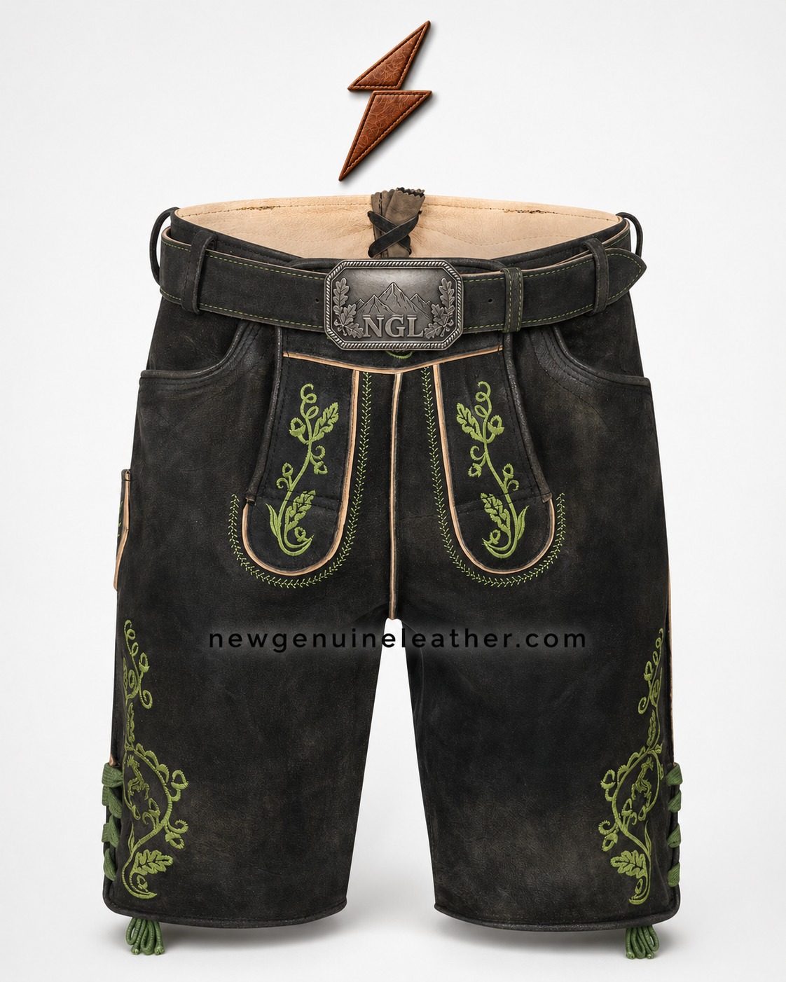 ngl-cow-split-lederhosen-front-blue-embroidery NGL cow split lederhosen in distressed brown with blue front embroidery