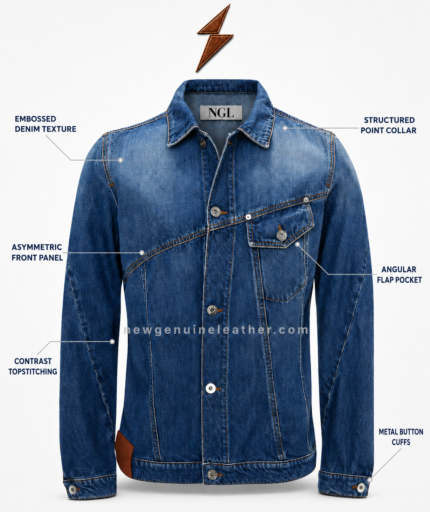 NGL cropped denim jacket wholesale design in dark blue with asymmetric button front