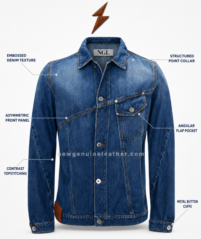 NGL cropped denim jacket wholesale design in dark blue with asymmetric button front