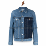 NGL custom denim jacket manufacturer design with open top button and structured point collar