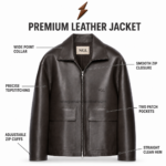 NGL leather overshirt in dark brown with a pointed collar, front zipper, and two patch pockets