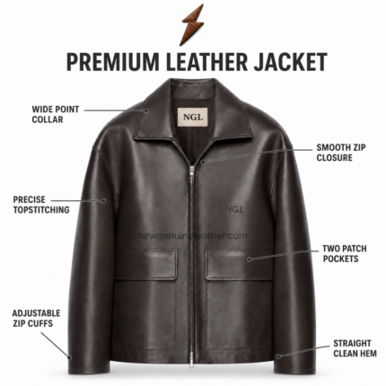 NGL leather overshirt in dark brown with a pointed collar, front zipper, and two patch pockets