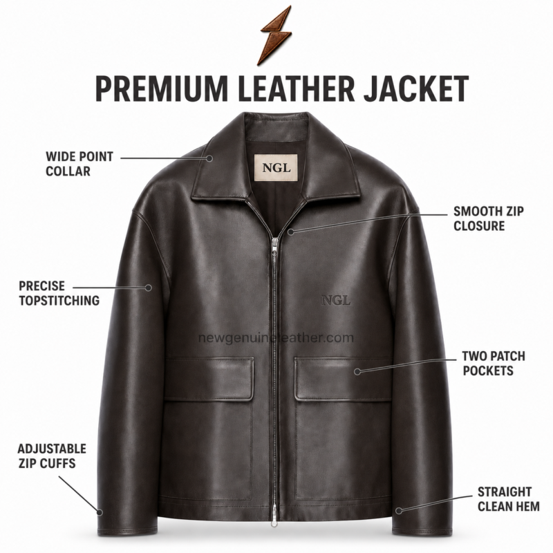 NGL leather overshirt in dark brown with a pointed collar, front zipper, and two patch pockets