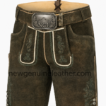 NEW GENUINE LEATHER dark brown lederhosen with antique silver NGL buckle and wide matching belt