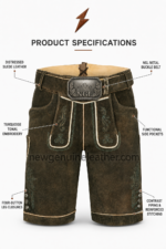 NEW GENUINE LEATHER dark brown lederhosen showing four decorative metal buttons on each leg