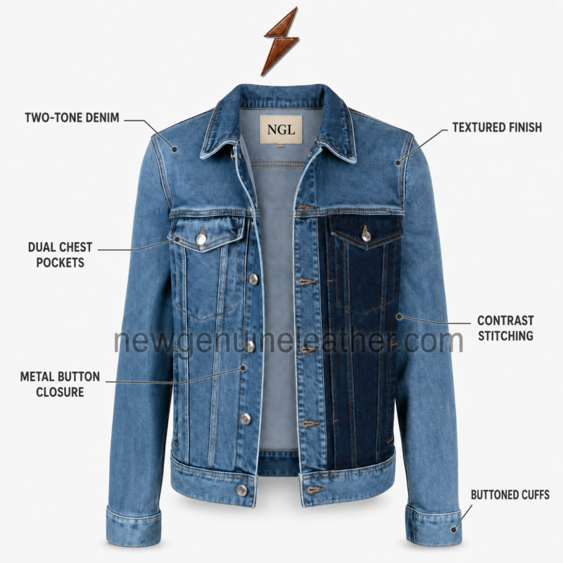 NGL custom denim jacket manufacturer dark-indigo four-pocket trucker jacket front
