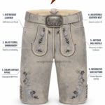 NGL deerskin lederhosen in distressed light grey with blue embroidery by NEW GENUINE LEATHER