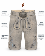NGL deerskin lederhosen in distressed light grey with blue embroidery by NEW GENUINE LEATHER
