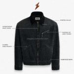 NGL denim jacket manufacturer front view of a washed-black zip jacket