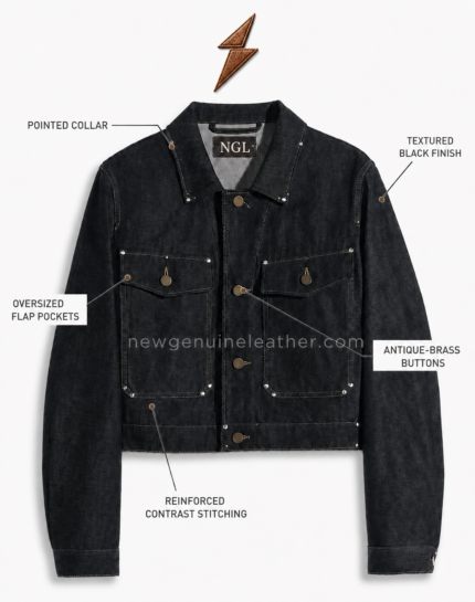 NGL denim jackets for men in black denim with antique-brass buttons