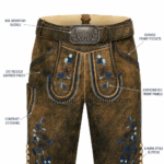 NGL embroidered lederhosen for men in distressed black leather with green motifs