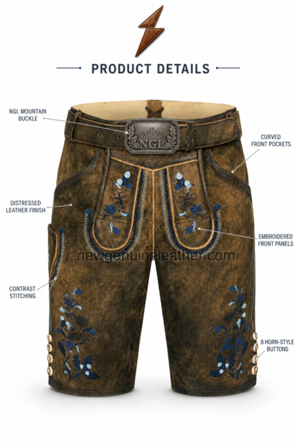 NGL embroidered lederhosen for men in distressed black leather with green motifs
