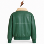 NGL New Genuine Leather bomber leather jacket open front view with emerald lining and cream collar