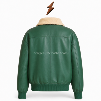 NGL New Genuine Leather bomber leather jacket open front view with emerald lining and cream collar