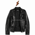 NGL Genuine leather biker jacket zip-open pose with branded collar label