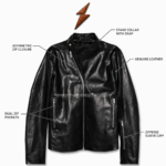 NGL Genuine leather biker jacket specification image with black panel design
