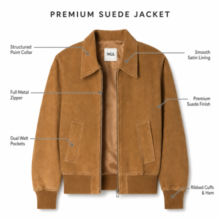 NEW GENUINE LEATHER genuine suede leather jacket with open zipper and brown lining