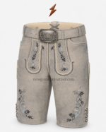 NGL grey lederhosen with blue-and-black floral stitching by NEW GENUINE LEATHER