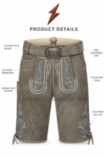 NGL grey lederhosen for men showing blue leaf embroidery and cream outlined front panels