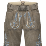 NGL grey lederhosen for men front view with blue embroidery and mountain buckle