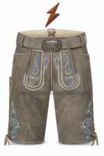 NGL grey lederhosen for men front view with blue embroidery and mountain buckle
