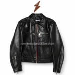 NGL mens black leather jacket front view with four pockets and red zipper detail