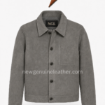 NGL leather jacket detail showing five dark snap buttons against a medium-grey body
