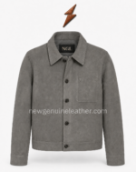 NGL leather jacket detail showing five dark snap buttons against a medium-grey body