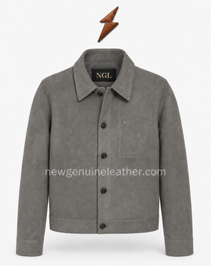 NGL leather jacket detail showing five dark snap buttons against a medium-grey body