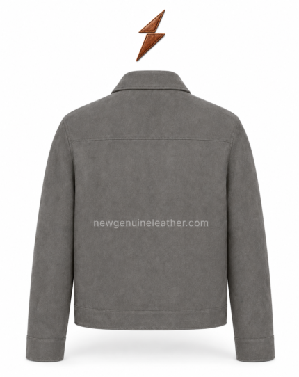 NGL leather jacket in medium grey with five dark front snaps, pointed collar, and chest pocket