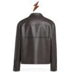 NGL leather overshirt in an open-zip pose with a realistic inner collar label