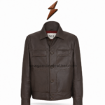 NEW GENUINE LEATHER leather safari jacket back view with a brown grain finish and stitched shoulder yoke