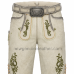 NGL lederhosen deer leather front view with tan panels and dark embroidery by NEW GENUINE LEATHER