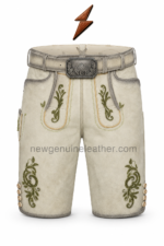 NGL lederhosen deer leather front view with tan panels and dark embroidery by NEW GENUINE LEATHER