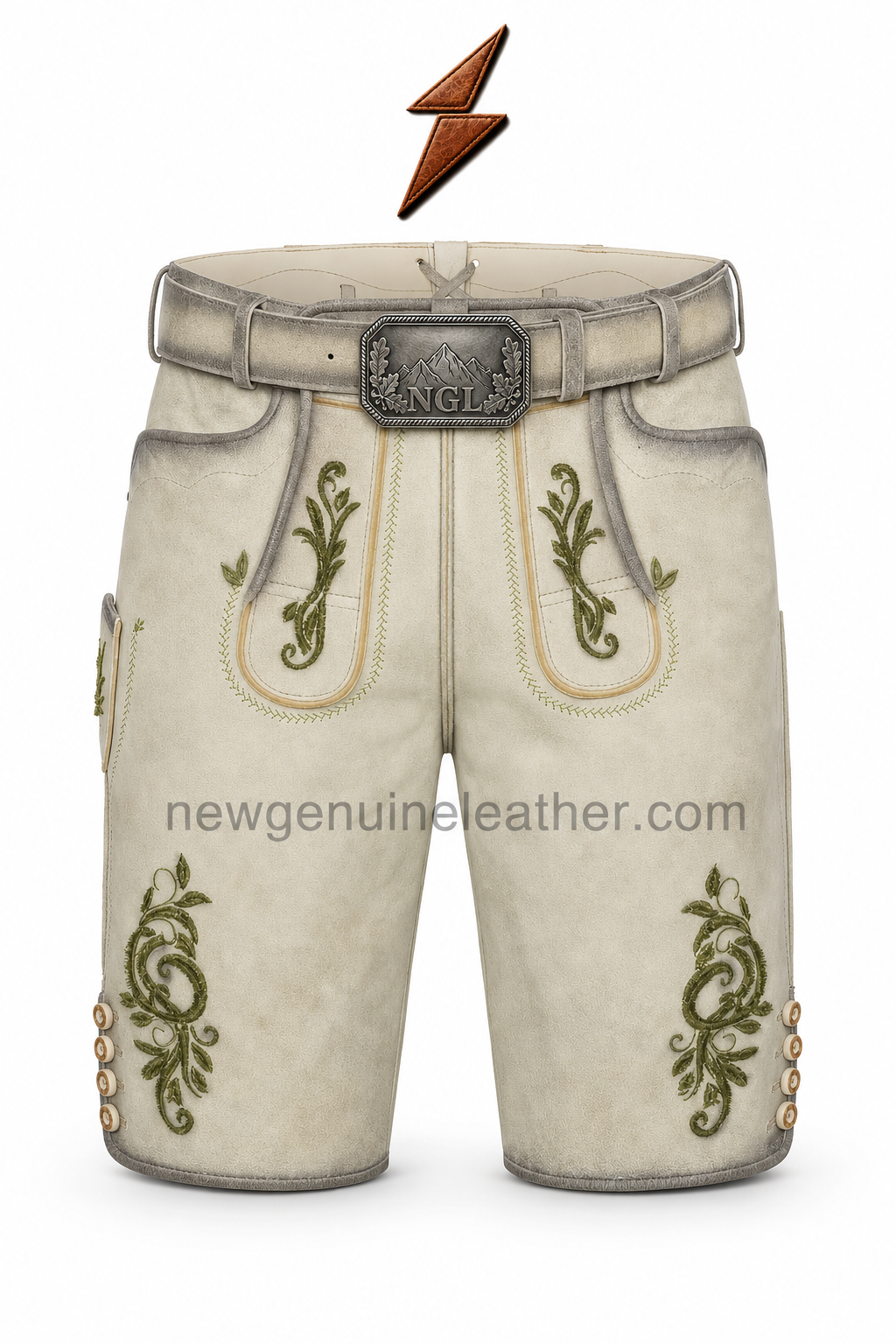 ngl-lederhosen-deer-leather-front NGL lederhosen deer leather front view with tan panels and dark embroidery by NEW GENUINE LEATHER