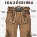 NGL lederhosen deer leather front view with tan panels and dark embroidery by NEW GENUINE LEATHER