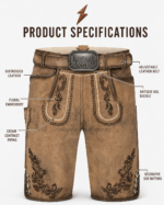 NGL lederhosen deer leather front view with tan panels and dark embroidery by NEW GENUINE LEATHER