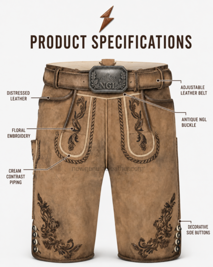 NGL lederhosen deer leather front view with tan panels and dark embroidery by NEW GENUINE LEATHER