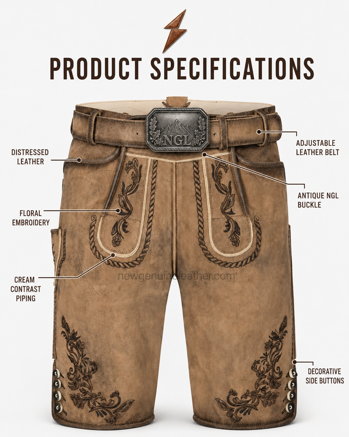 ngl-lederhosen-deer-leather-front NGL lederhosen deer leather front view with tan panels and dark embroidery by NEW GENUINE LEATHER