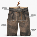 NGL men’s genuine leather lederhosen in distressed brown-grey with embroidered front panels