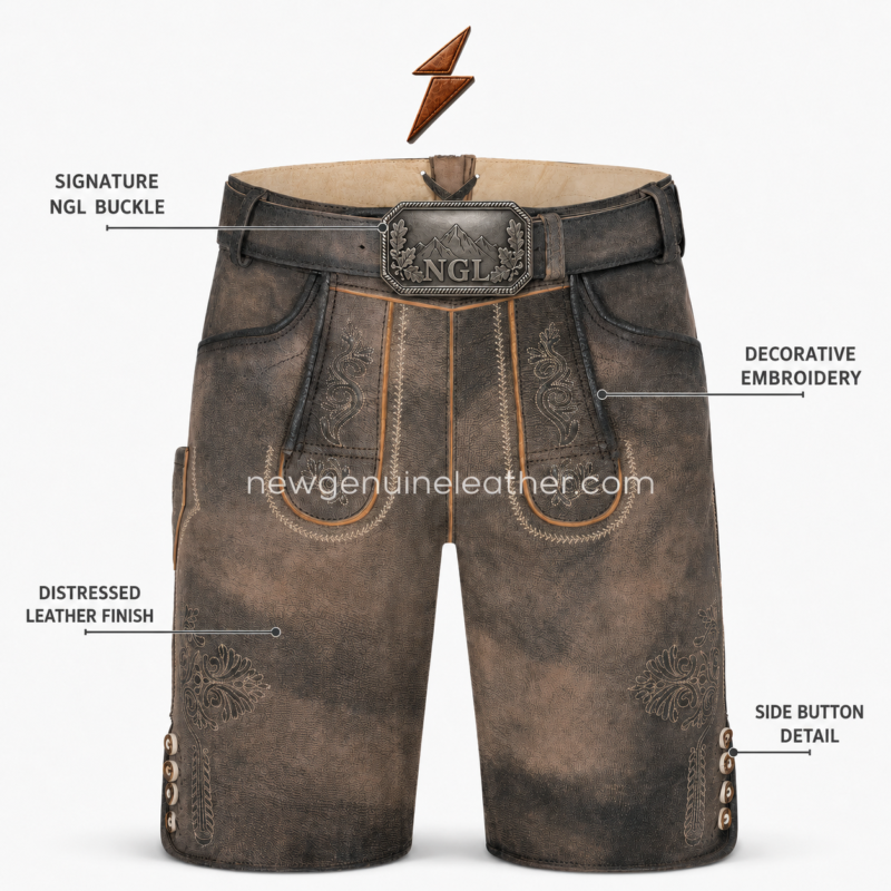 NGL men’s genuine leather lederhosen in distressed brown-grey with embroidered front panels